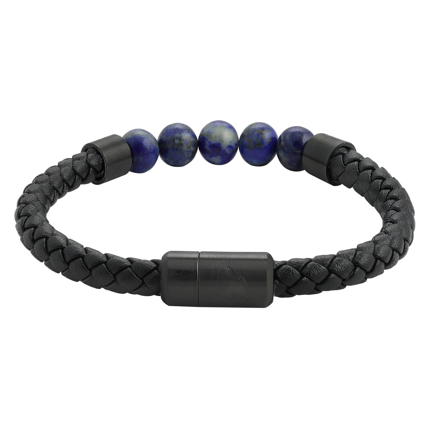 Achteraanzicht Zippo zwart lederen armband met blauwe halfedelstenen en Zippo vlam