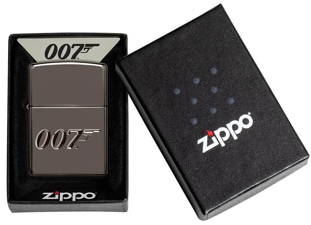 Vooraanzicht Zippo-aansteker grijs glanzend 007 in open verpakking