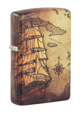 Vooraanzicht 3/4 hoek Zippo-aansteker White Matte 540° Color Image met piratenkaart en schip