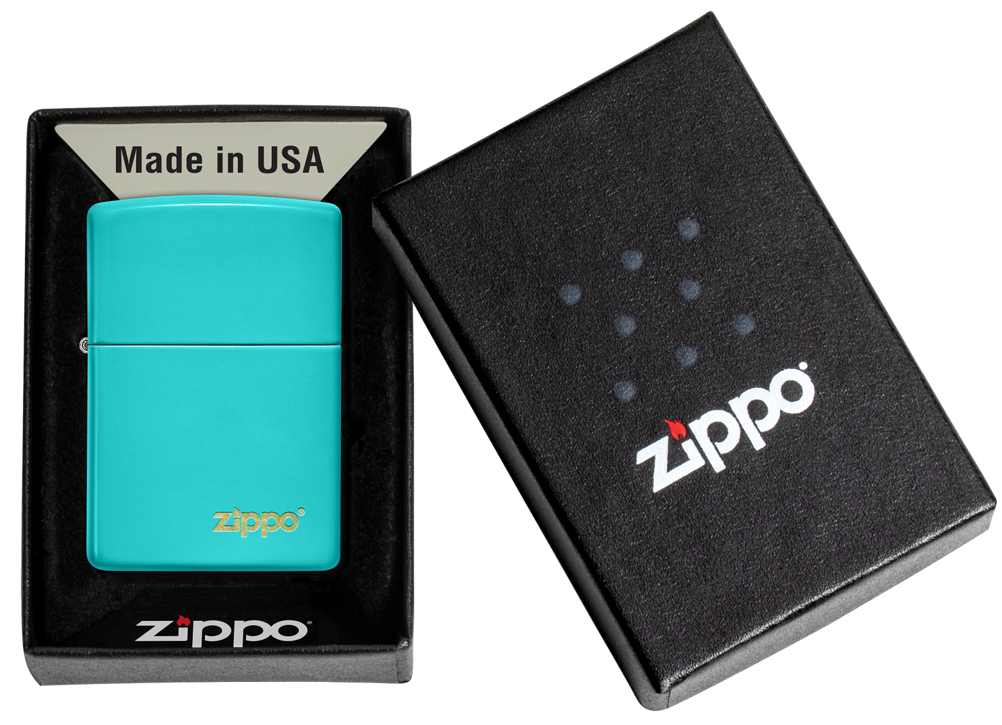Briquet tempête Zippo Flat Turquoise avec logo dans sa boîte cadeau
