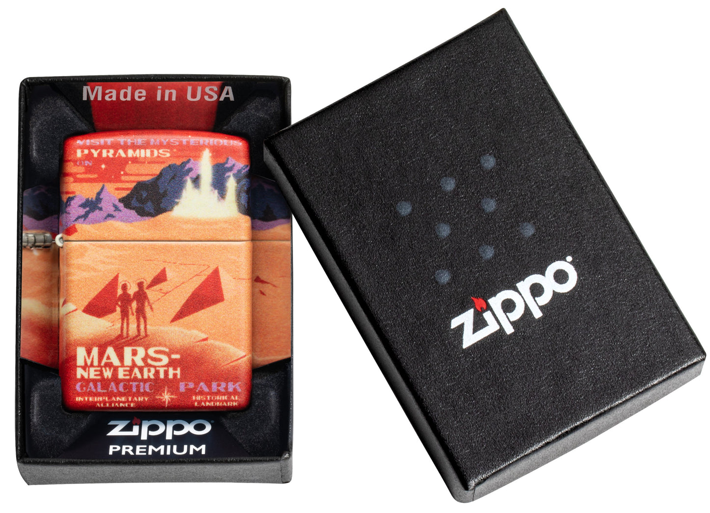 Zippo Aansteker 540 graden rood marslandschap met twee astronauten Alleen online in een open premium doos