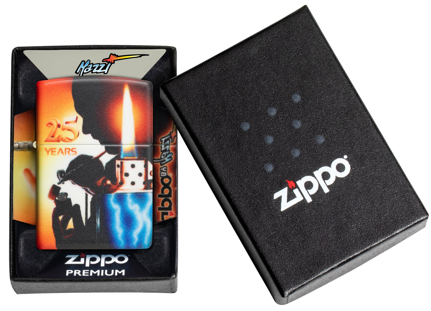 Zippo Aansteker 25 Jaar Collectible Airbrush Claudio Mazzi 540 Graden Ontwerp in Geopende Premium Geschenkverpakking