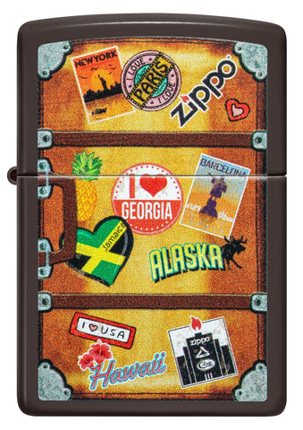 Zippo aansteker vooraanzicht bruin, met een etui met verschillende stadsstickers, zoals Parijs, Hawaï, Barcelona, New York