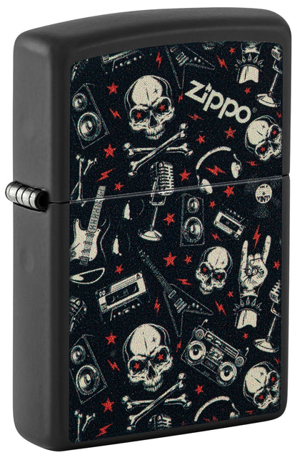 Black Zippo lighter with music-themed design featuring skulls, guitars, and microphones P1