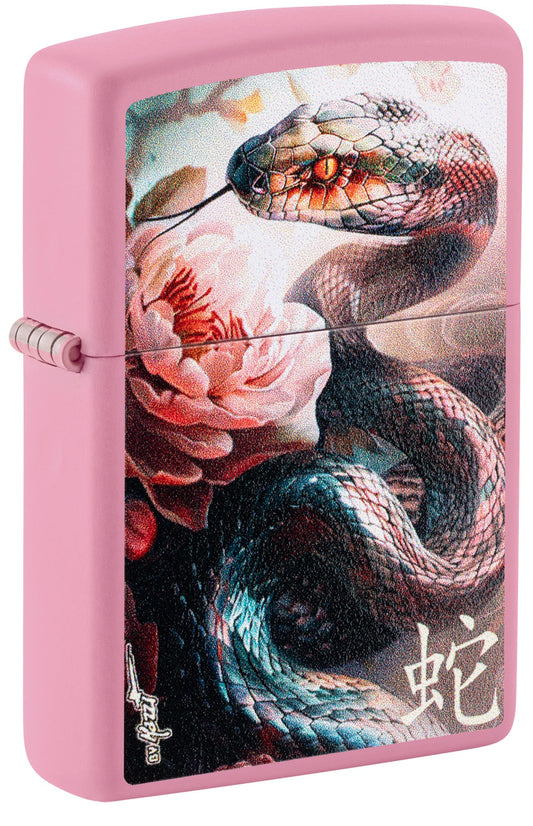 Pink Zippo lighter with snake and floral design P1