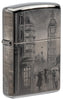 Vooraanzicht 3/4 hoek Zippo aansteker zwart ijs met Big Ben in Londen 360 graden foto beeldontwerp