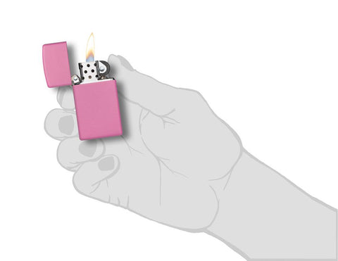 Zippo-aansteker Slim Pink Matt open met vlam in handpalm
