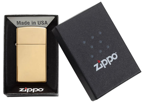 Vooraanzicht Zippo aansteker Slim Brass High Polished basismodel in open geschenkverpakking