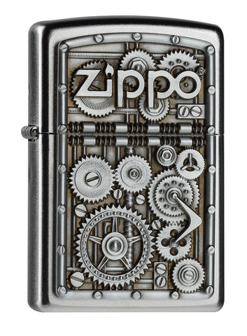 Vooraanzicht Zippo aansteker chroom Zippo-logo met veel tandwielen embleem