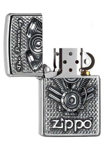 Zippo aansteker chroom met motoronderdelen geopend