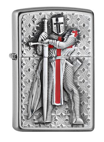 Vooraanzicht Zippo aansteker embleem met staande kruisvaarder