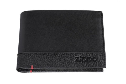 Vooraanzicht portemonnee zwart leer gesloten met Zippo-logo
