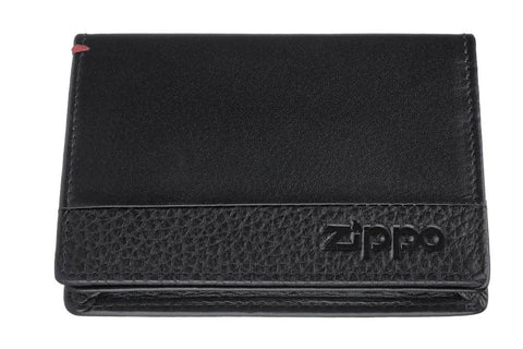Vooraanzicht leren portemonnee zwart gesloten met Zippo-logo