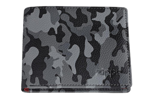 Vooraanzicht gesloten portemonnee landschapformaat grijs camouflagepatroon Zippo-logo