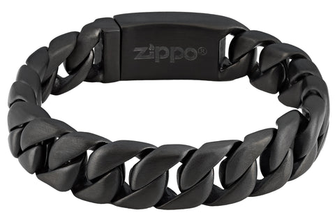 Vooraanzicht Zippo armband roestvrij staal zwart met dikke schakels en Zippo-logo aan binnenkant sluiting