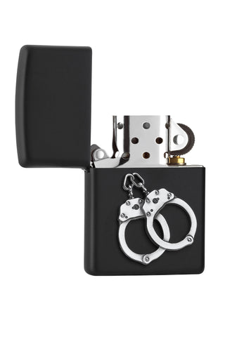 Vooraanzicht Zippo-aansteker zwart mat embleem met zilveren handboeien