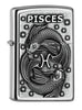 Vooraanzicht 3/4 hoek Zippo aansteker Street Chroom embleem met Vissen sterrenbeeld en Pisces-inscriptie