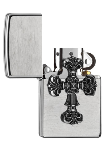 Zippo aansteker chroom met versierd kruis embleem geopend