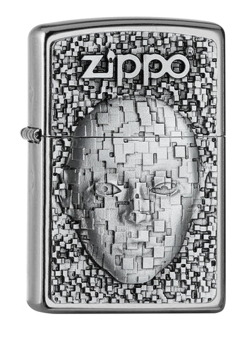 Vooraanzicht 3/4 hoek Zippo aansteker met Zippo-logo en gezicht samengesteld uit vele kleine vierkantjes embleem