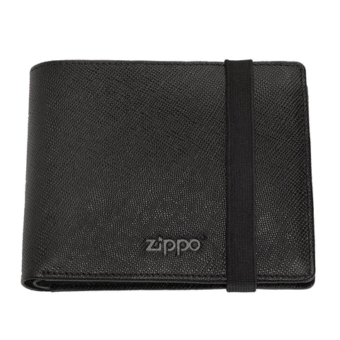 Zippo-portemonnee van saffianoleer met Zippo-logo vooraanzicht met rubberen sluiting