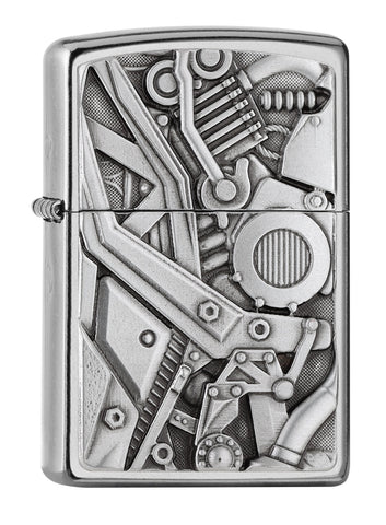 Vooraanzicht 3/4 hoek Zippo-aansteker Street Chrome met binnenkant motorfiets embleem