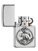 Vooraanzicht Zippo-aansteker Satin Chrome Emblem met haai en anker open