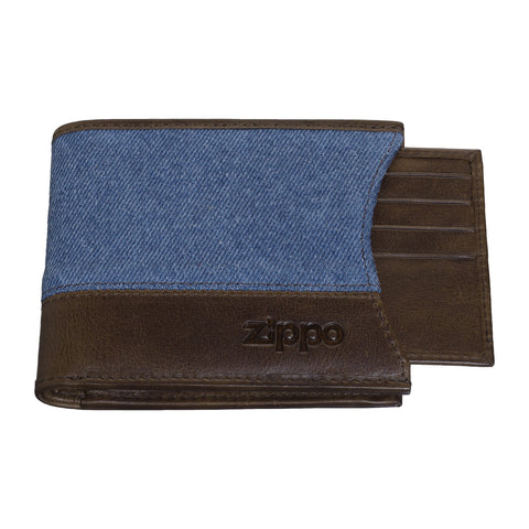Zippo portemonnee vooraanzicht in donkerbruin leer en denim met logo en geïntegreerd credit card hoesje
