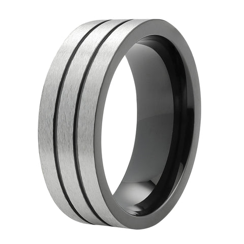 Vooraanzicht Zippo ring met twee zwarte lijnen in geborsteld roestvrij staal