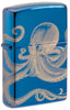 Vooraanzicht 3/4 Hoek Zippo Aansteker Hoogglans Blauw 360 Graden Ontwerp met Octopus Alleen online