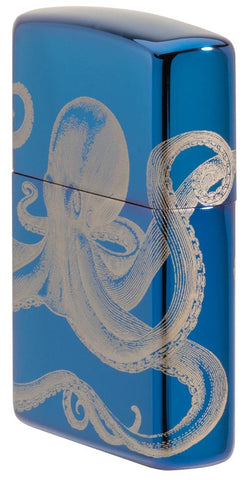 Zijkant Zippo Aansteker Hoogglans Blauw 360 Graden Ontwerp met Octopus Alleen online