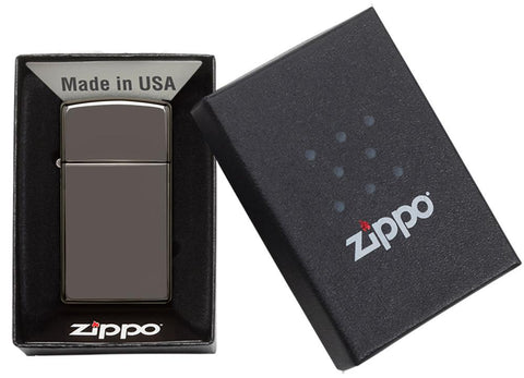 Vooraanzicht Zippo aansteker Slim Black Ice basismodel in open geschenkdoos