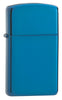 Vooraanzicht 3/4 hoek Zippo aansteker Slim Sapphire blauw basismodel