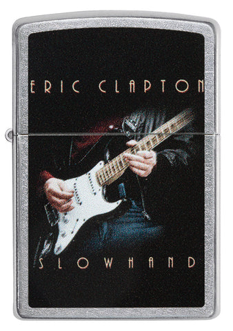 Zippo aansteker vooraanzicht chroom met gekleurde afbeelding van Eric Clapton die gitaar speelt