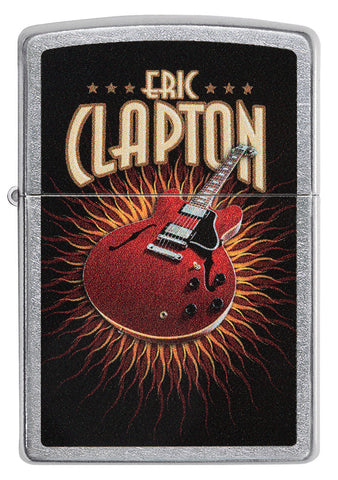 Zippo aansteker vooraanzicht chroom met gekleurde afbeelding van een rode gitaar van Eric Clapton