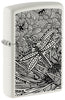 Zippo aansteker vooraanzicht ¾ hoek wit mat met illustratie van een libel in de stijl van aboriginal kunst