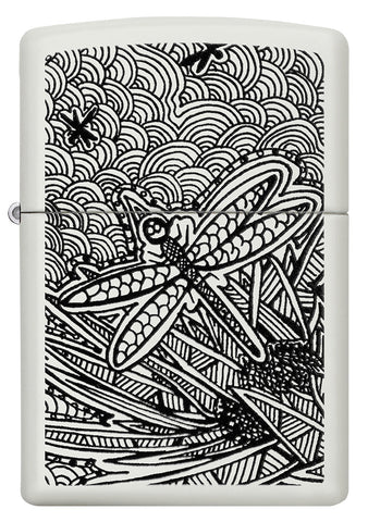 Zippo Aansteker Vooraanzicht Wit Matte met Illustratie van Dragonfly in Aboriginal Art Stijl