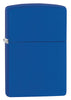 Vooraanzicht 3/4 hoek Zippo aansteker Royalblau Matte basismodel