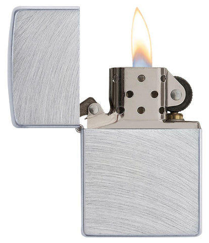 Zippo Aansteker Basismodel Geborsteld Chroom Open met Vlam