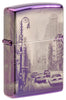 Vooraanzicht 3/4 hoek Zippo Aansteker purper 360 graden New York City met wolkenkrabbers en Amerikaanse Yellow Cabs