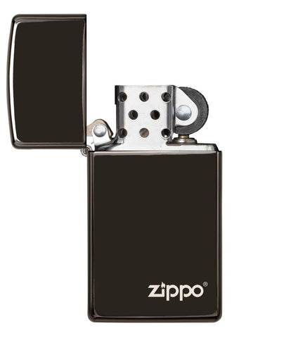 Vooraanzicht Zippo aansteker Slim High Polish Chrome basismodel met Zippo-logo geopend met vlam