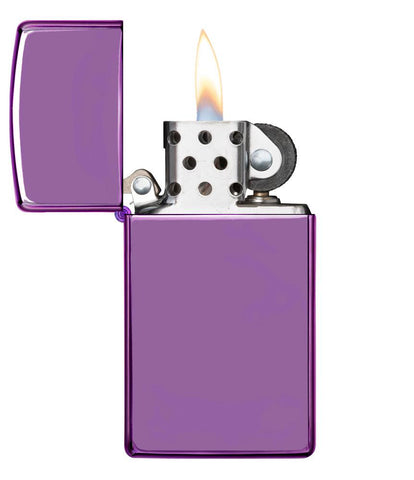 Vooraanzicht Zippo aansteker Slim High Polish paars basismodel geopend met vlam