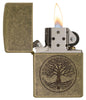Zippo-aansteker antieke messing levensboom gravure open met vlam
