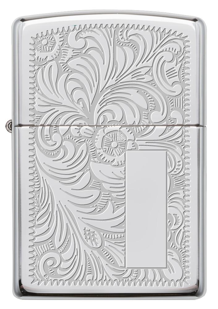 Vooraanzicht Zippo-aansteker High Polish Chrome met Venetiaans ontwerp en initiaalplaatje