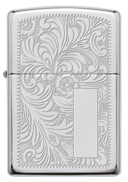 Vooraanzicht Zippo-aansteker High Polish Chrome met Venetiaans ontwerp en initiaalplaatje