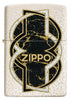 Zippo Feuerzeug Frontansicht in weißer Mercury Glass Optik mit schwarz gold marmorierter Form in der Mitte umschlungen von einer weißen und einer schwarzen Linie