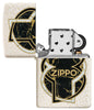 Zippo Feuerzeug Frontansicht geöffnet in weißer Mercury Glass Optik mit schwarz gold marmorierter Form in der Mitte umschlungen von einer weißen und einer schwarzen Linie