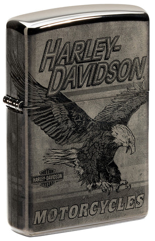 Zippo Feuerzeug Frontansicht ¾ Winkel Hochglanz Schwarz Harley Davidson Fotodruck mit Adler und Logo im Vintagestil