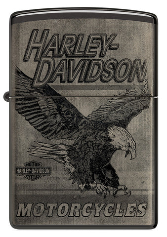 Zippo Feuerzeug Frontansicht Hochglanz Schwarz Harley Davidson Fotodruck mit Adler und Logo im Vintagestil
