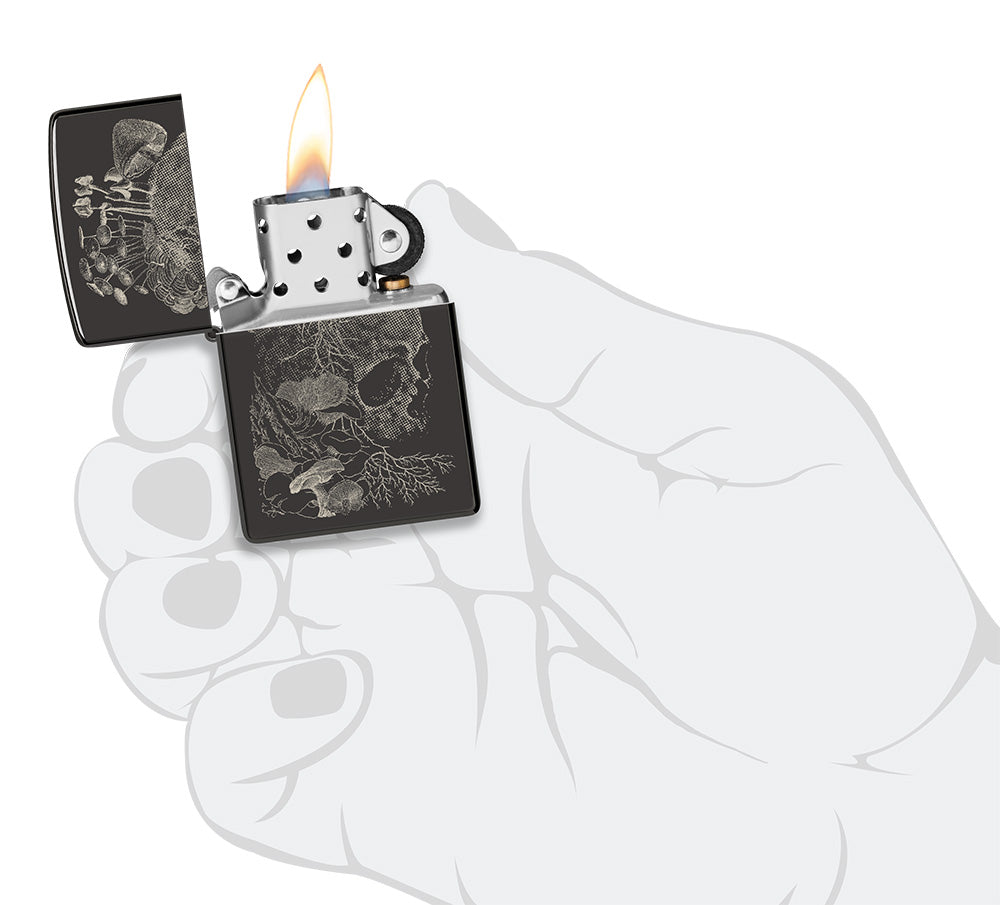 Zippo Stormaansteker, Skull Mushroom, hoogglans zwart, fotoafbeelding Zippo Stormaansteker, Skull Mushroom, hoogglans zwart, fotoafbeelding