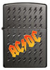 Vooraanzicht Black Ice Zippo-aansteker met AC/DC-logo en kleine gegraveerde bliksemschichten 